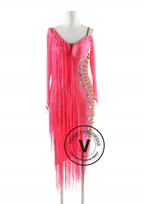 Coral Pink Fringe Latin Rhythm Competition Dance Dress