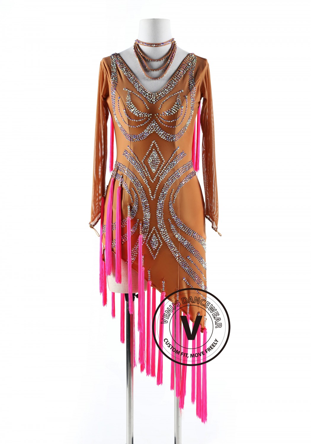 Tan and Pink Tassels Latin Rhythm Competition Dance Dress