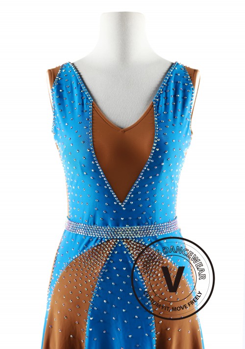 Blue and Tan Latin Rhythm Competition Dance Dress