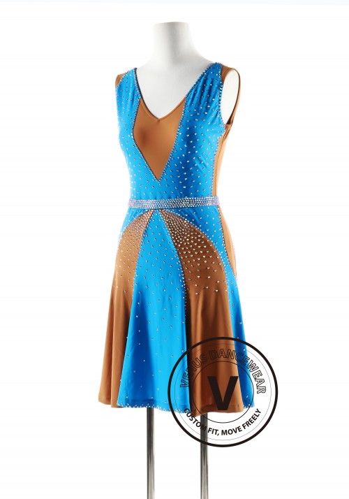 Blue and Tan Latin Rhythm Competition Dance Dress