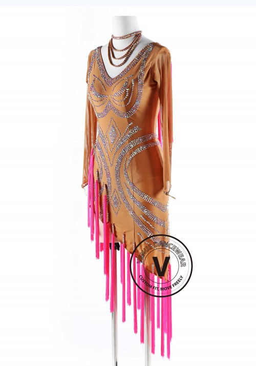 Tan and Pink Tassels Latin Rhythm Competition Dance Dress