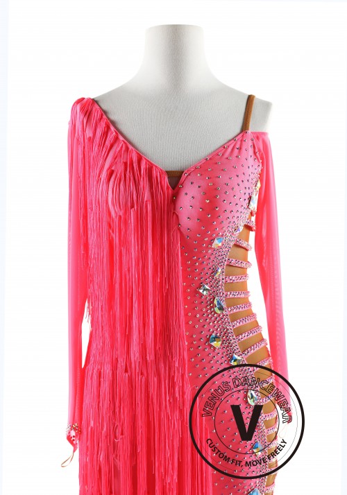 Coral Pink Fringe Latin Rhythm Competition Dance Dress