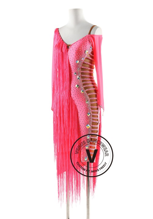 Coral Pink Fringe Latin Rhythm Competition Dance Dress