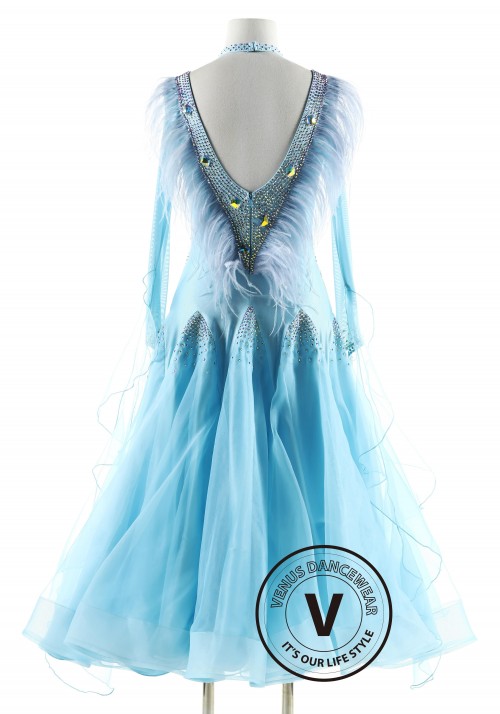 Babyblue with Ostrich on the Back Neckline Ballroom Smooth Competition Dance Dress