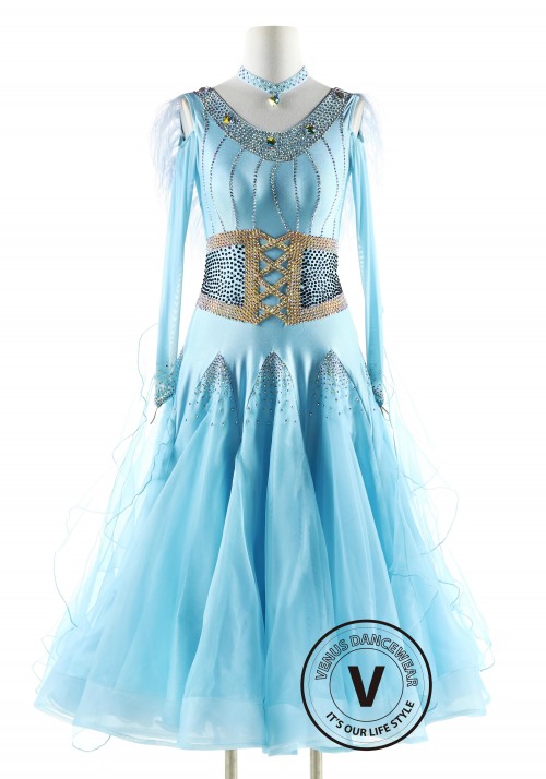 Babyblue with Ostrich on the Back Neckline Ballroom Smooth Competition Dance Dress