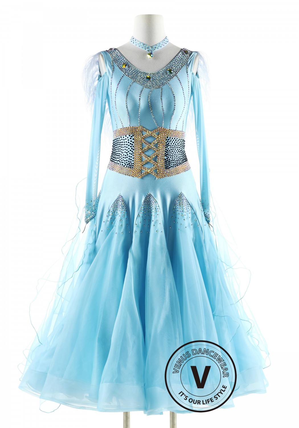 Babyblue with Ostrich on the Back Neckline Ballroom Smooth Competition Dance Dress