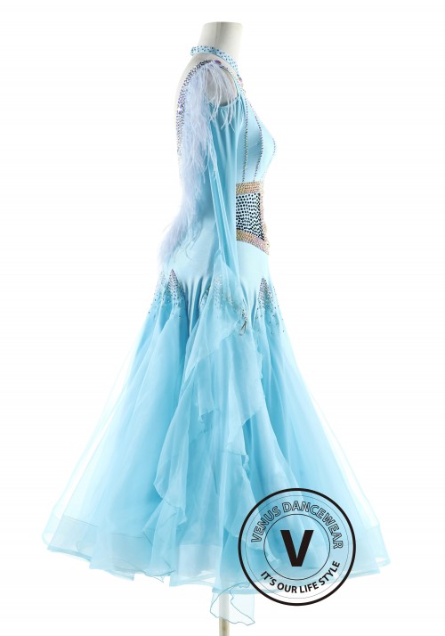 Babyblue with Ostrich on the Back Neckline Ballroom Smooth Competition Dance Dress