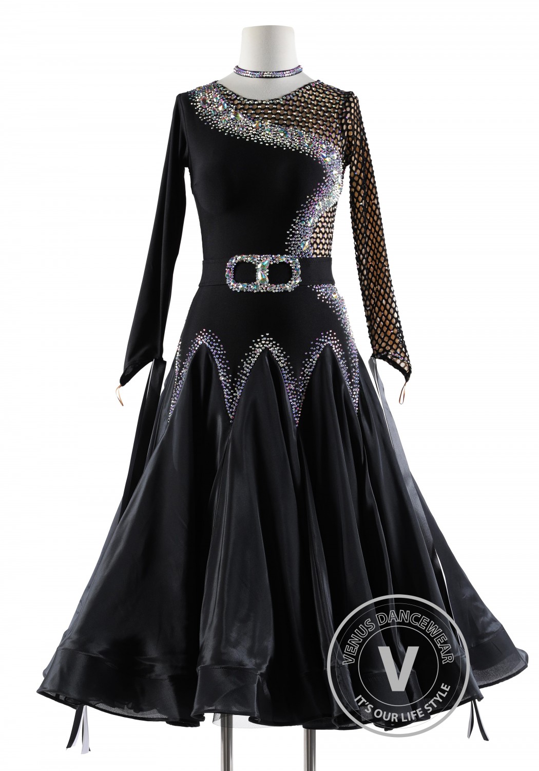 Black Netting Silk Ballroom Smooth Competition Dance Dress
