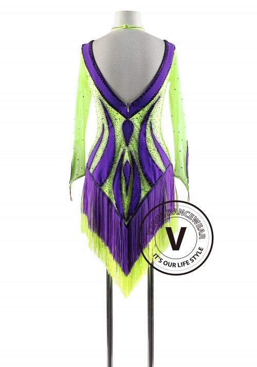 Neon Green and Purple Fringe Latin Rhythm Competition Dance Dress