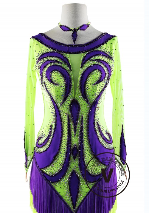 Neon Green and Purple Fringe Latin Rhythm Competition Dance Dress