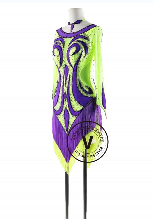 Neon Green and Purple Fringe Latin Rhythm Competition Dance Dress