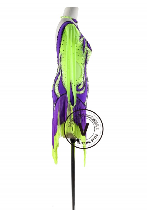 Neon Green and Purple Fringe Latin Rhythm Competition Dance Dress