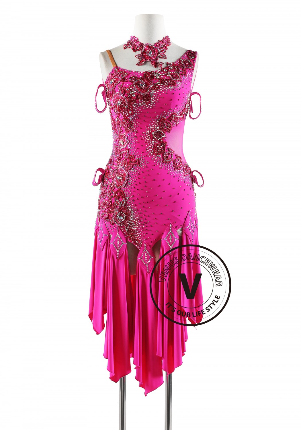 Hot Magenta with Lycra Tassels Skirt Latin Rhythm Competition Dance Dress