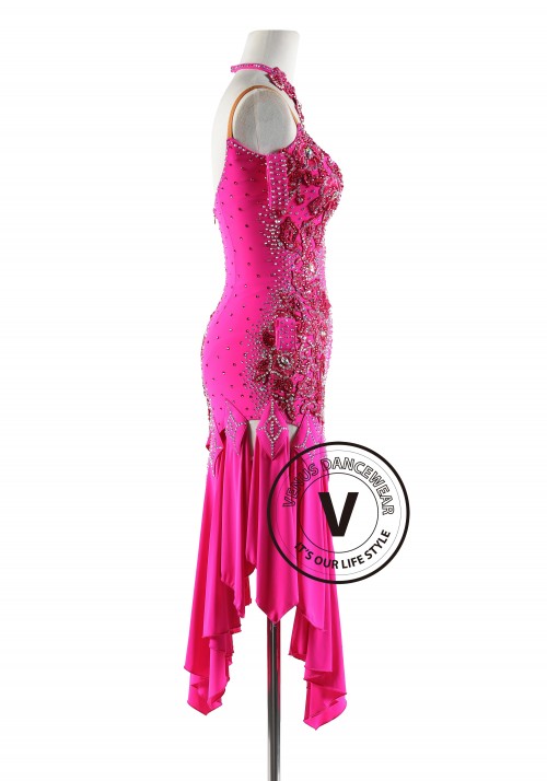 Hot Magenta with Lycra Tassels Skirt Latin Rhythm Competition Dance Dress