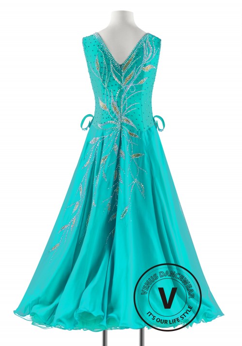 Teal Color with Goden Leaves  Ballroom Smooth Competition Dance Dress