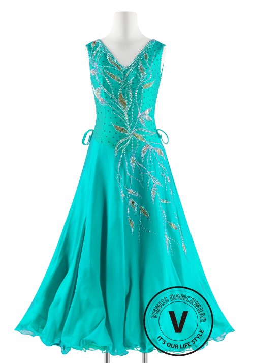 Teal Color with Goden Leaves  Ballroom Smooth Competition Dance Dress