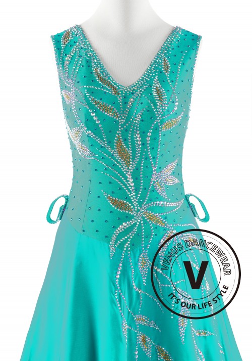 Teal Color with Goden Leaves  Ballroom Smooth Competition Dance Dress