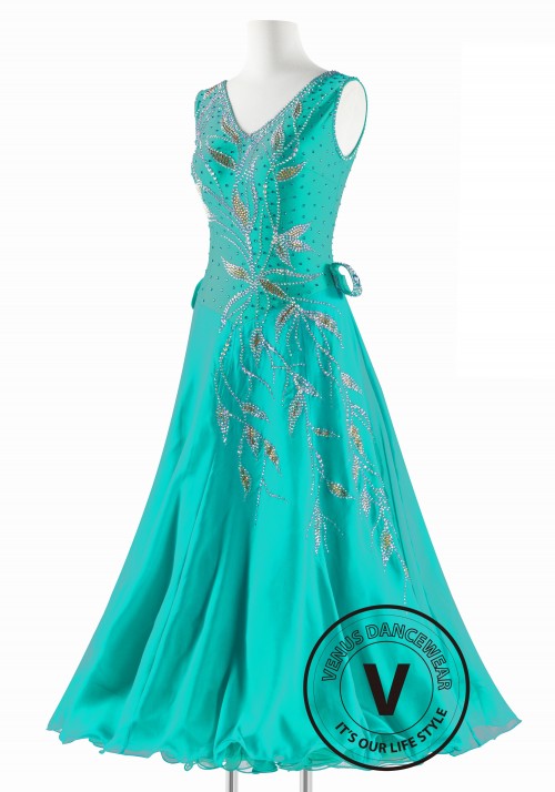 Teal Color with Goden Leaves  Ballroom Smooth Competition Dance Dress