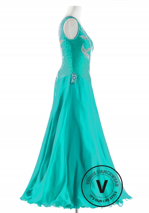 Teal Color with Goden Leaves  Ballroom Smooth Competition Dance Dress