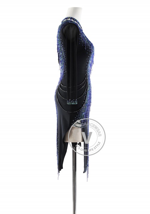 Black with Blue Beading Latin Rhythm Competition Dance Dress