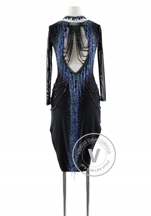 Black with Blue Beading Latin Rhythm Competition Dance Dress