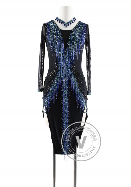 Black with Blue Beading Latin Rhythm Competition Dance Dress