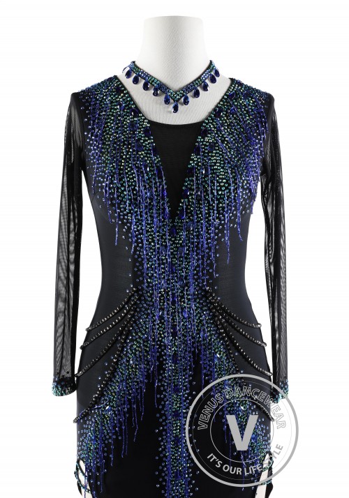 Black with Blue Beading Latin Rhythm Competition Dance Dress