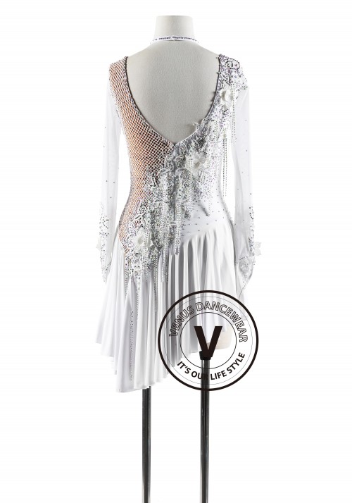 White Netting Floral Latin Rhythm Competition Dance Dress