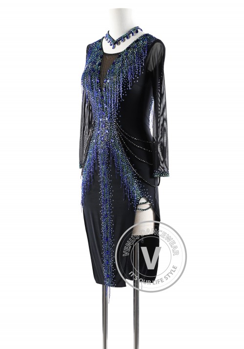 Black with Blue Beading Latin Rhythm Competition Dance Dress