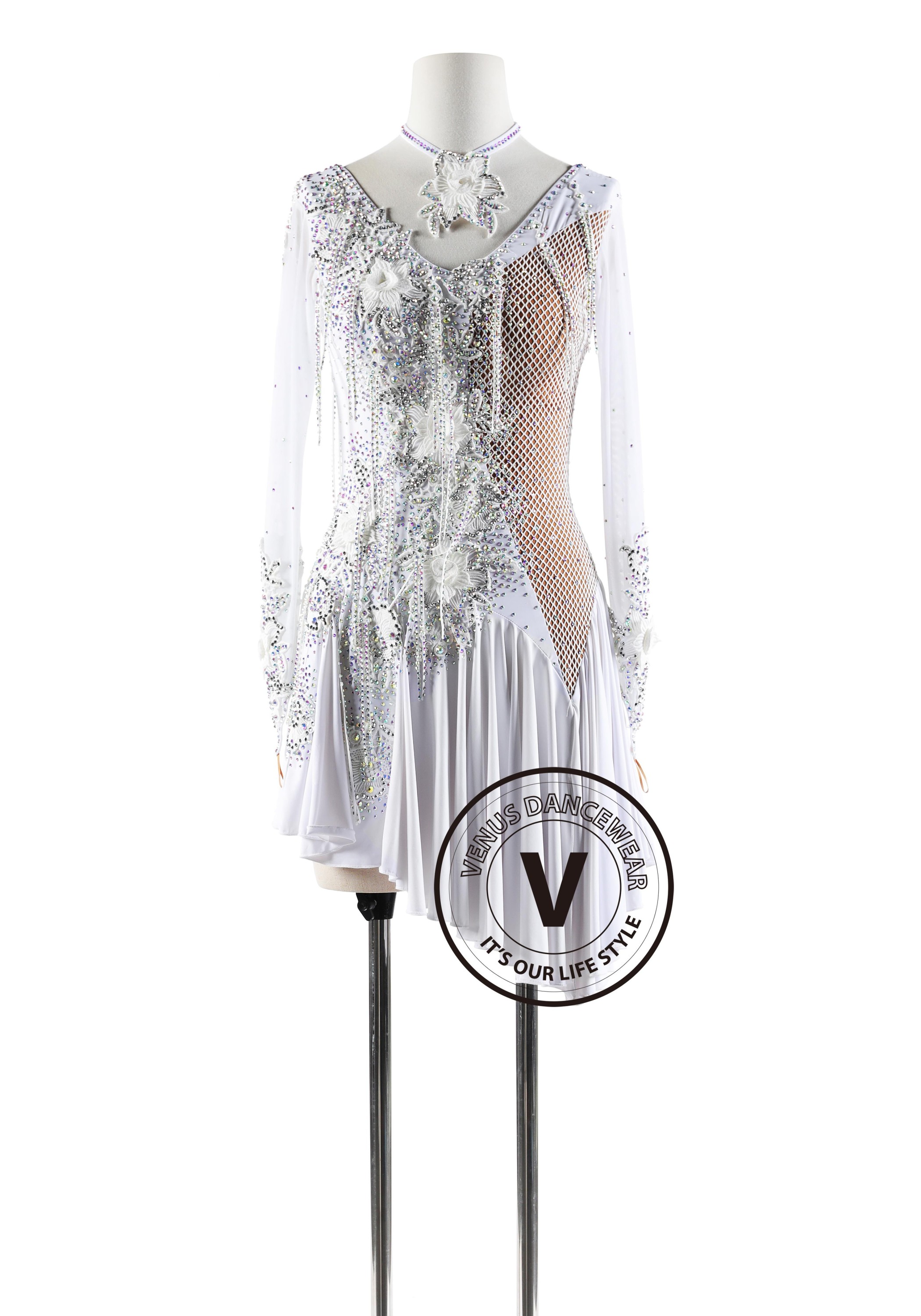 White Netting Floral Latin Rhythm Competition Dance Dress