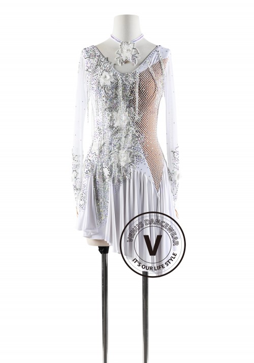 White Netting Floral Latin Rhythm Competition Dance Dress