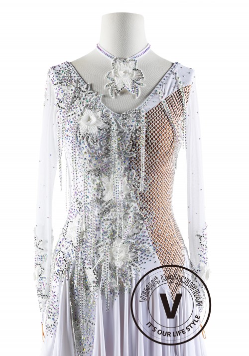 White Netting Floral Latin Rhythm Competition Dance Dress