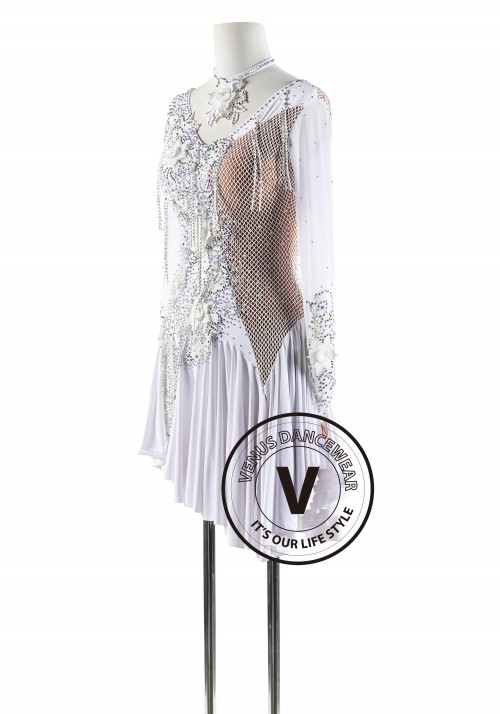 White Netting Floral Latin Rhythm Competition Dance Dress