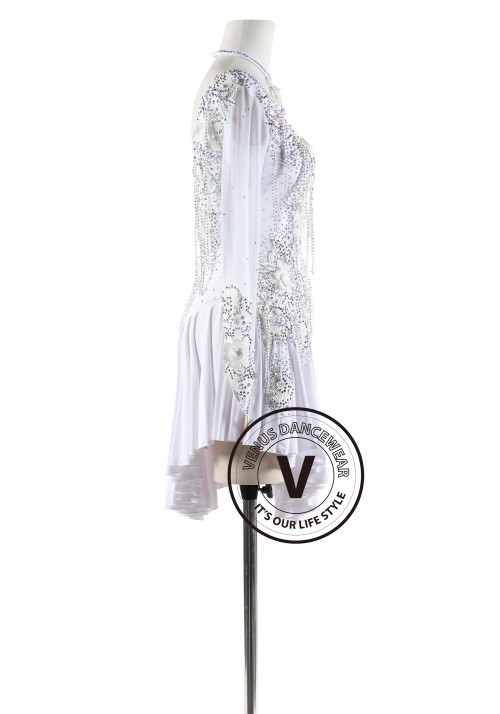 White Netting Floral Latin Rhythm Competition Dance Dress