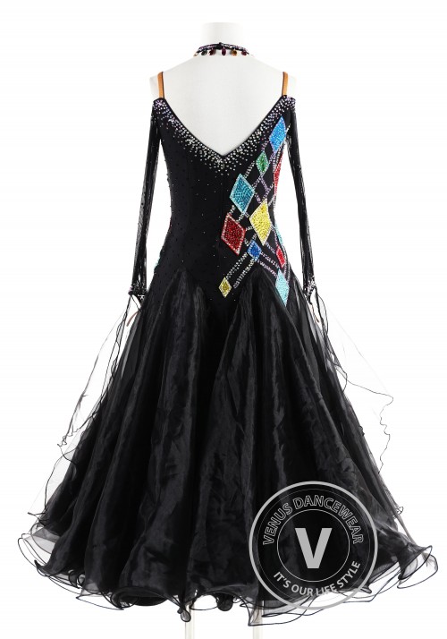 Black with colorful Geometric  Ballroom Smooth Competition Dance Dress