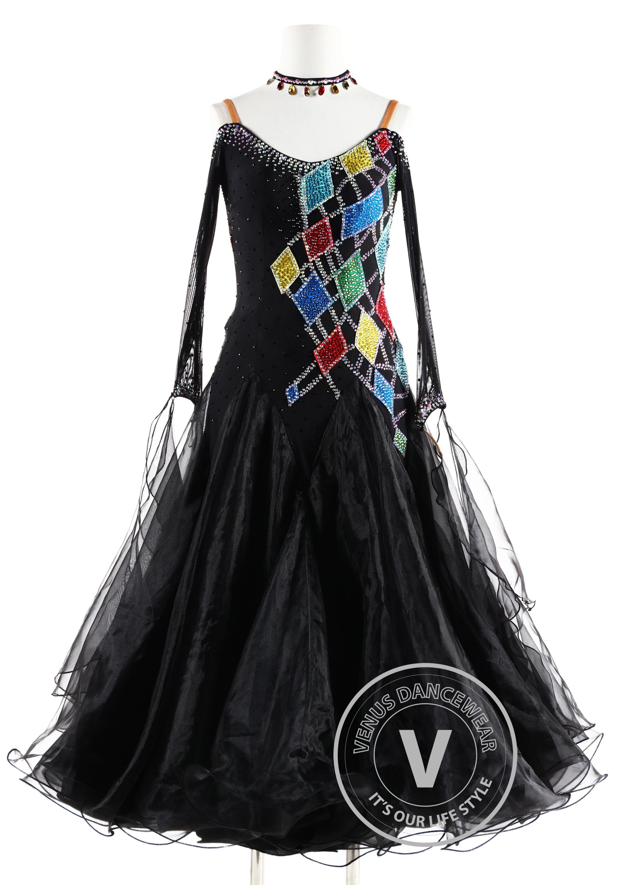 Black with colorful Geometric  Ballroom Smooth Competition Dance Dress