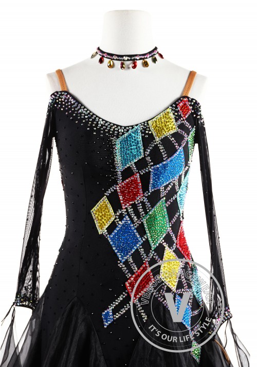 Black with colorful Geometric  Ballroom Smooth Competition Dance Dress