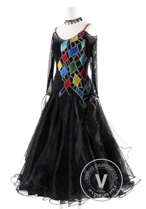 Black with colorful Geometric  Ballroom Smooth Competition Dance Dress