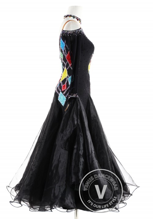 Black with colorful Geometric  Ballroom Smooth Competition Dance Dress