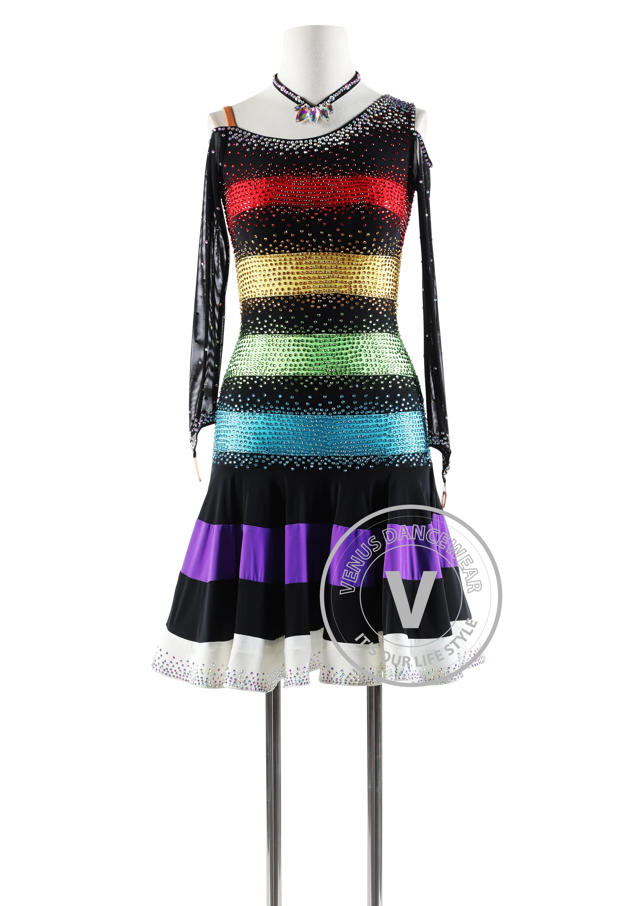 Black and Rainbow Latin Rhythm Competition Dance Dress