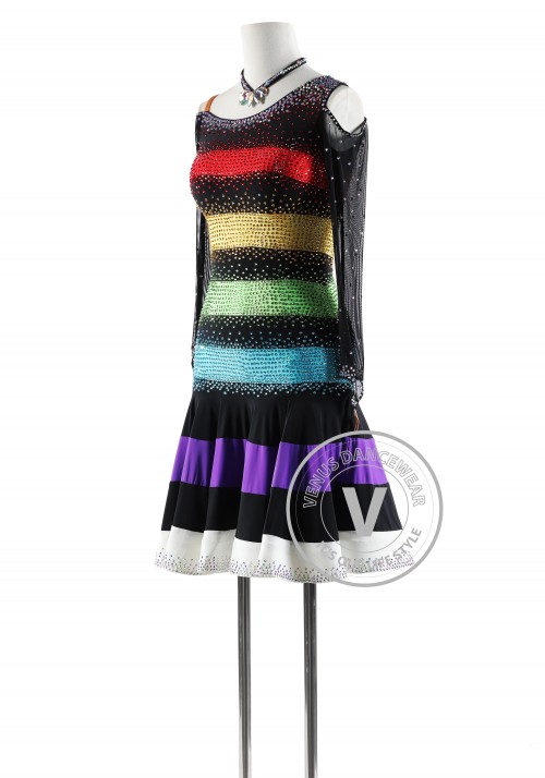 Black and Rainbow Latin Rhythm Competition Dance Dress