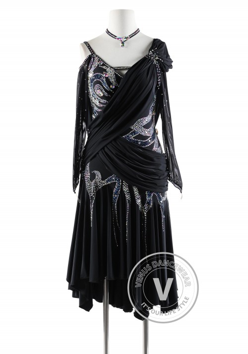 Black Dropped Flounce Latin Rhythm Competition Dance Dress