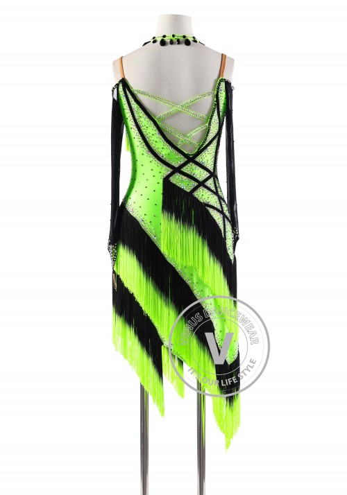 Neon Green Hombre Fringe Latin Rhythm Competition Dance Dress