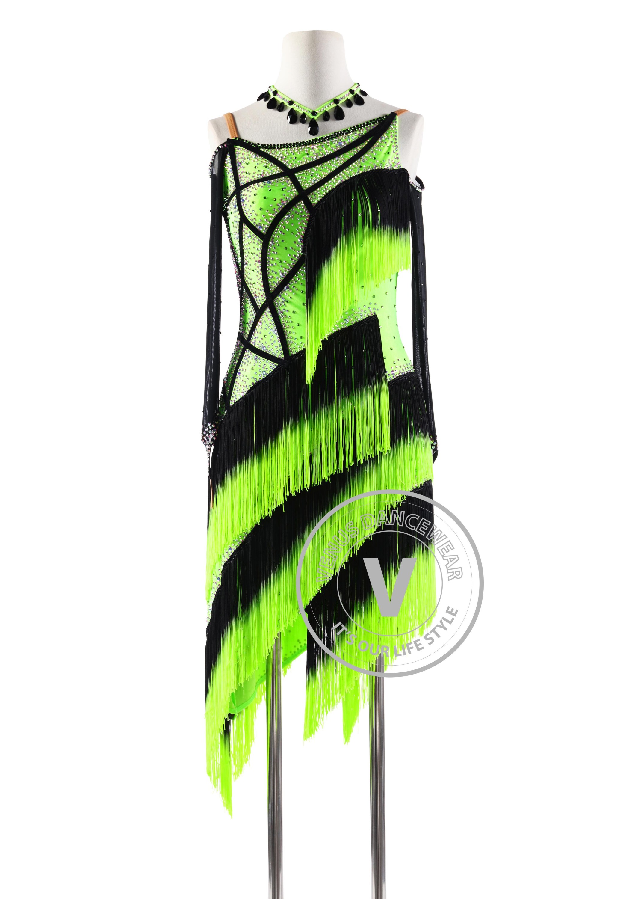 Neon Green Hombre Fringe Latin Rhythm Competition Dance Dress