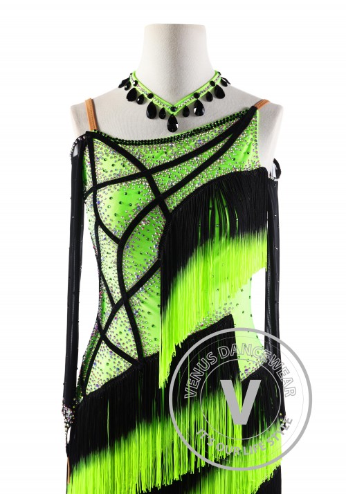 Neon Green Hombre Fringe Latin Rhythm Competition Dance Dress