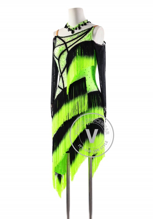 Neon Green Hombre Fringe Latin Rhythm Competition Dance Dress