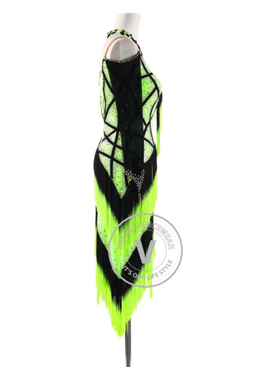 Neon Green Hombre Fringe Latin Rhythm Competition Dance Dress