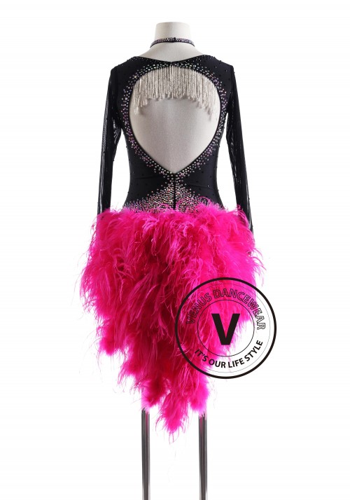 Pink Heart Feather Tail Latin Rhythm Competition Dance Dress