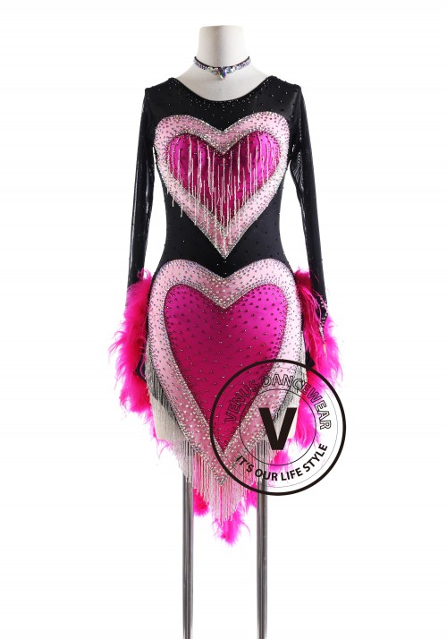 Pink Heart Feather Tail Latin Rhythm Competition Dance Dress