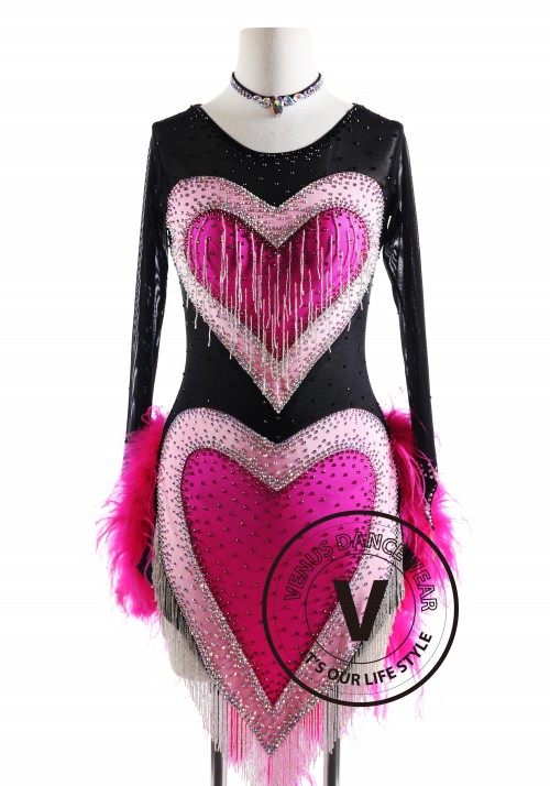 Pink Heart Feather Tail Latin Rhythm Competition Dance Dress